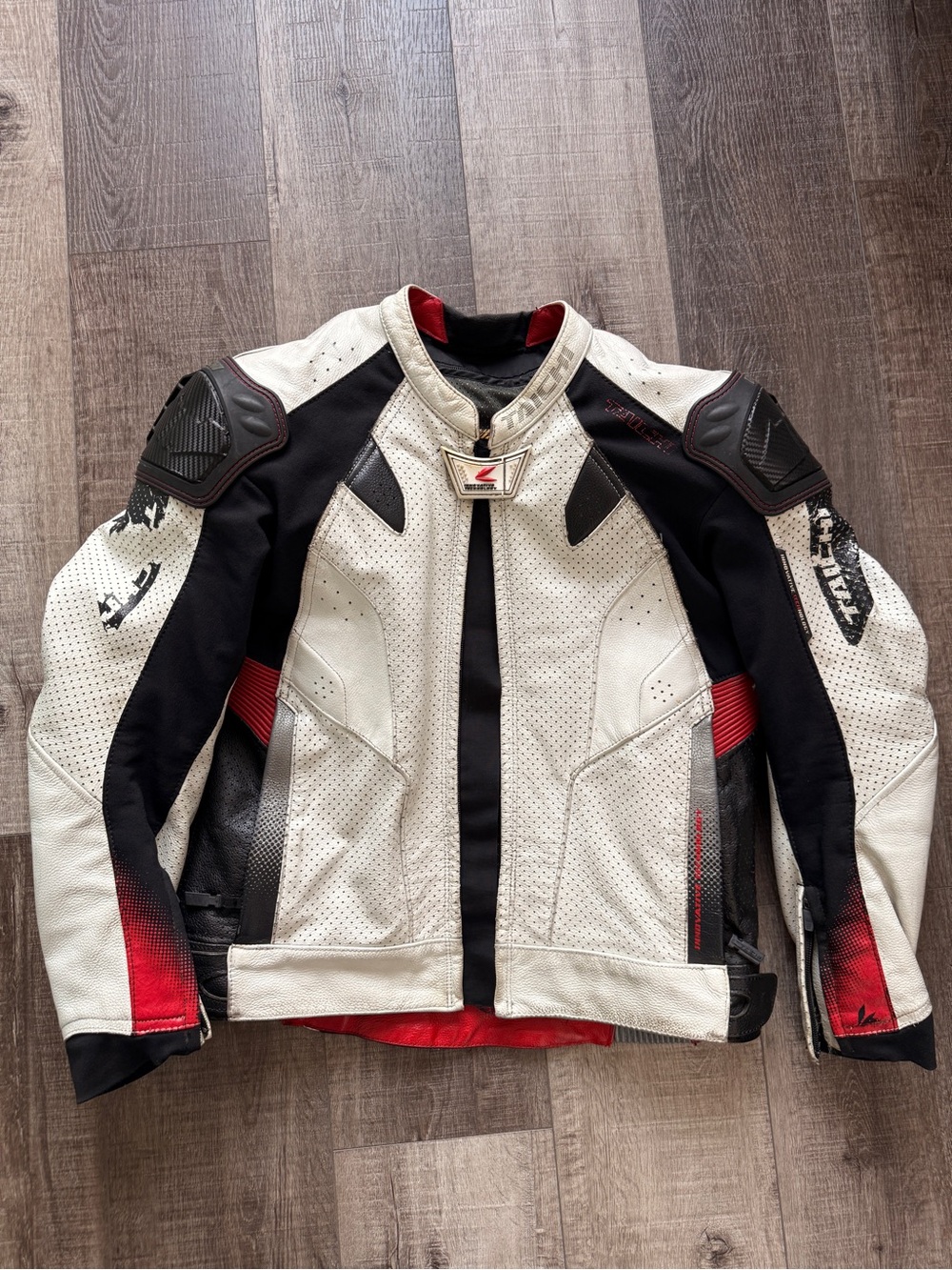 Men's White & Black Motorcycle Leather Jacket with Red Accents